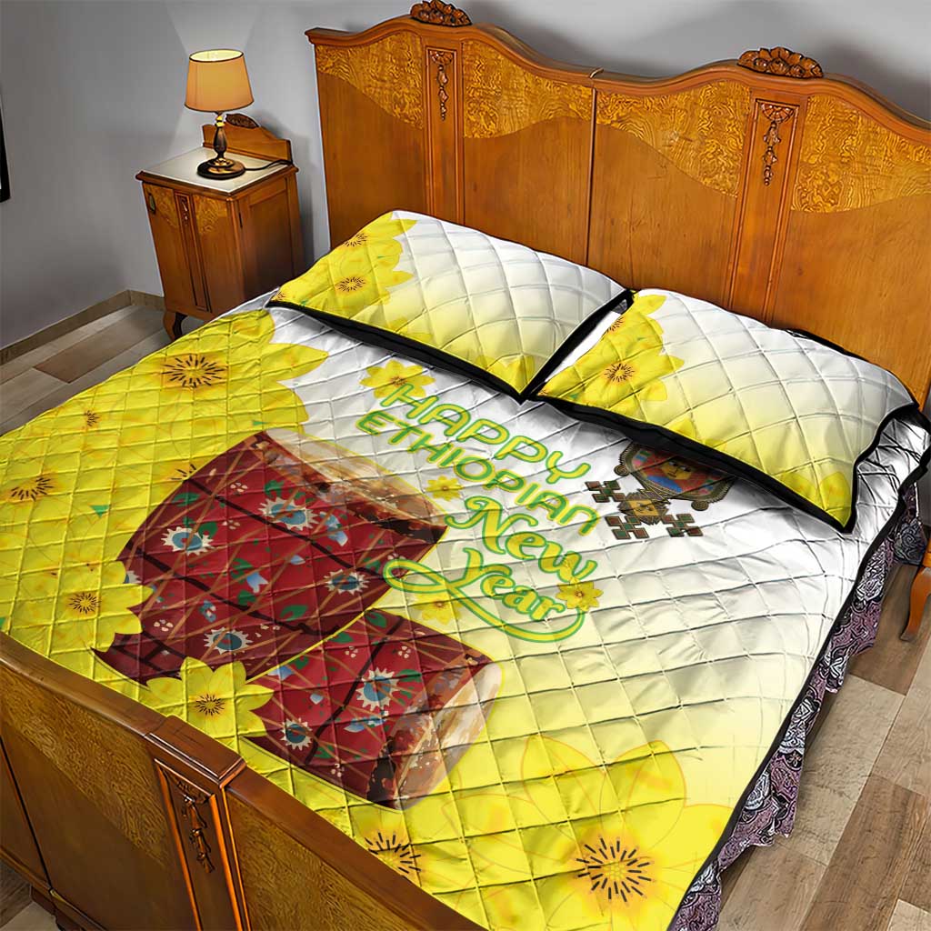 Melkam Enkutatash Ethiopian Quilt Bed Set Kebero Drum With Adey Abeba Flower LT15