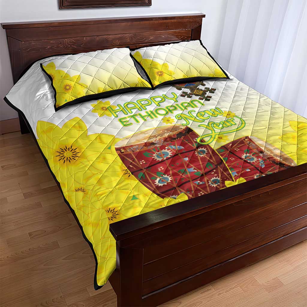 Melkam Enkutatash Ethiopian Quilt Bed Set Kebero Drum With Adey Abeba Flower LT15
