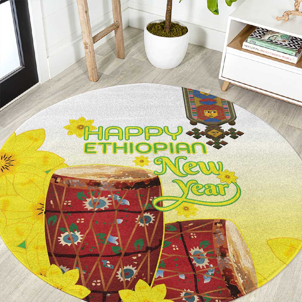 Melkam Enkutatash Ethiopian Round Carpet Kebero Drum With Adey Abeba Flower LT15