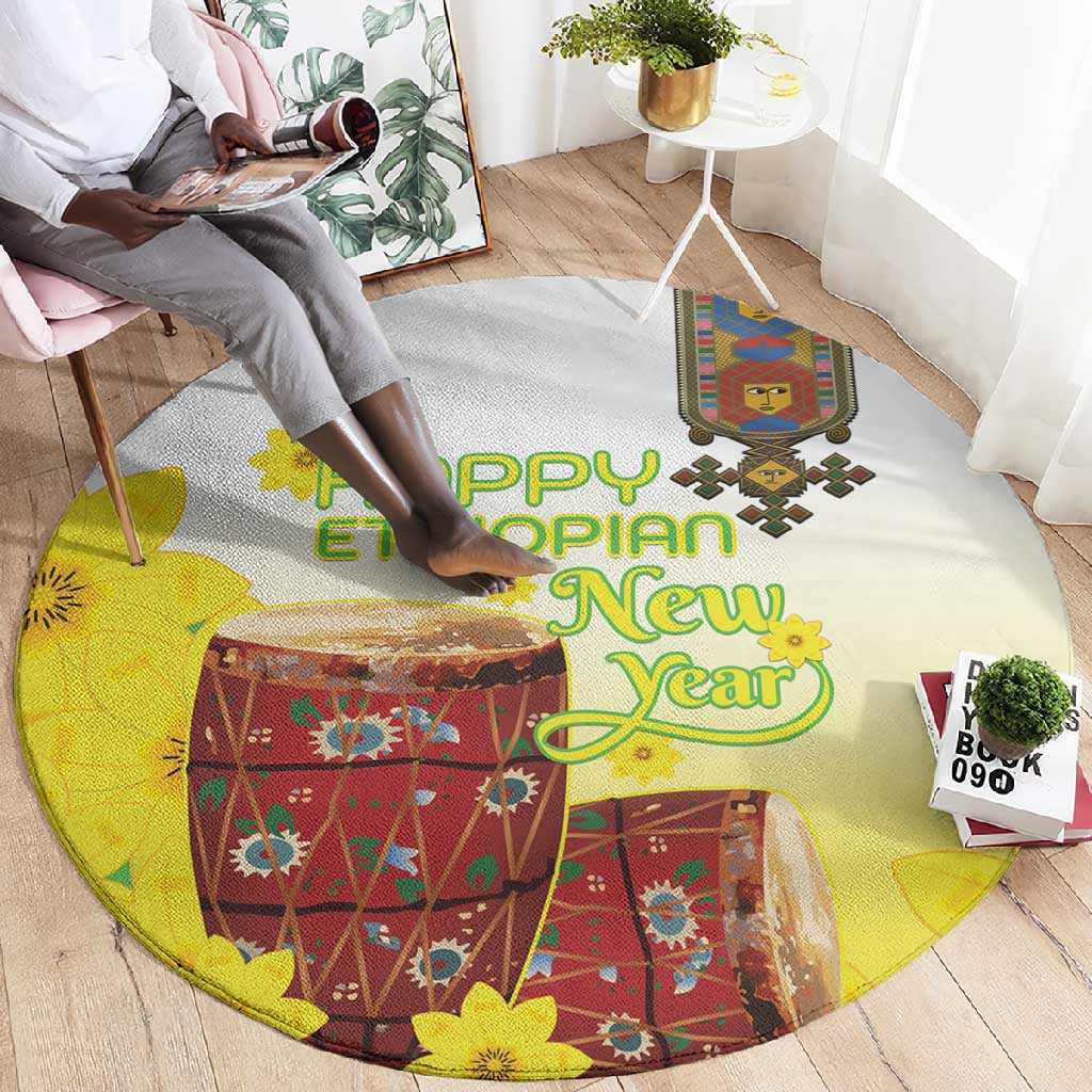 Melkam Enkutatash Ethiopian Round Carpet Kebero Drum With Adey Abeba Flower LT15
