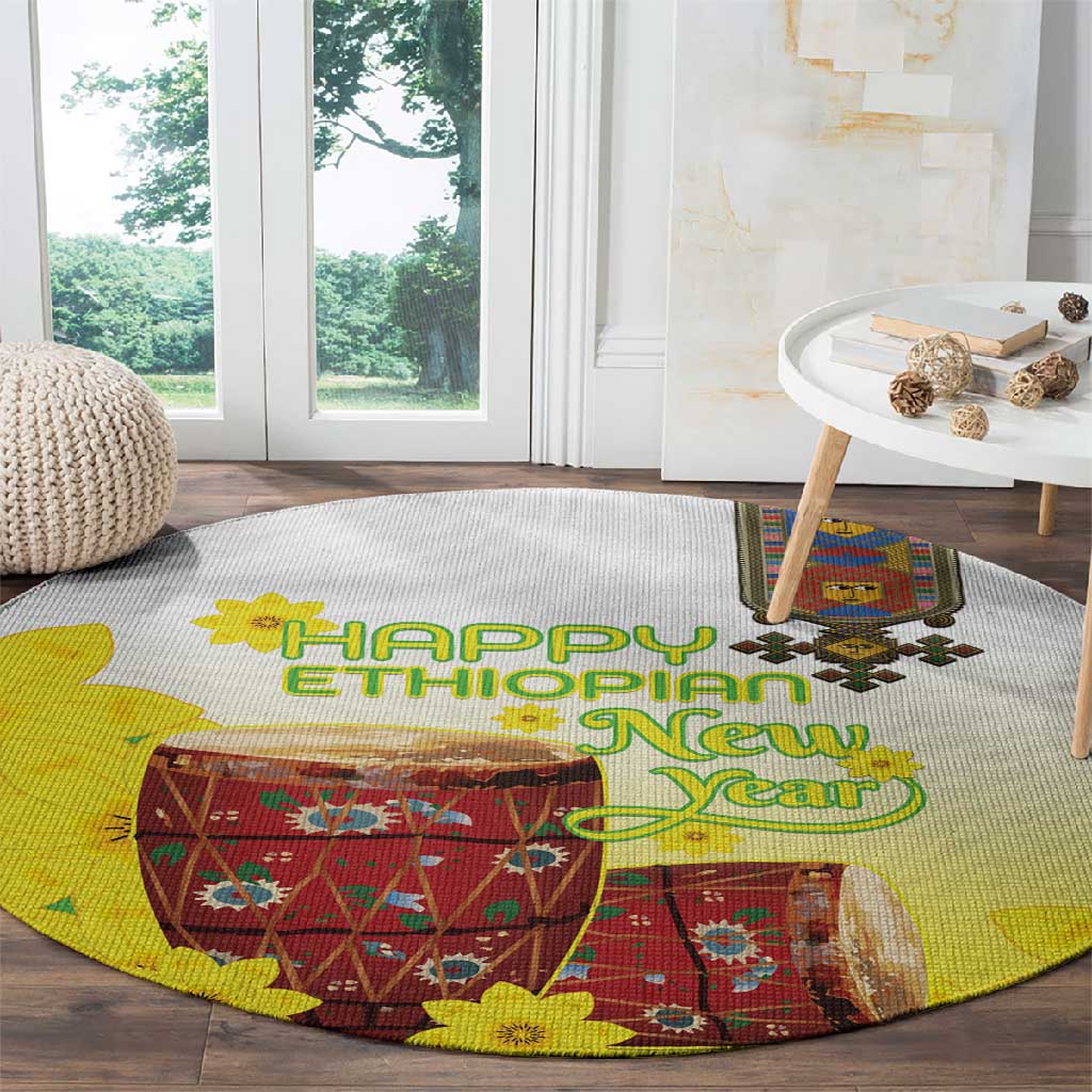 Melkam Enkutatash Ethiopian Round Carpet Kebero Drum With Adey Abeba Flower LT15