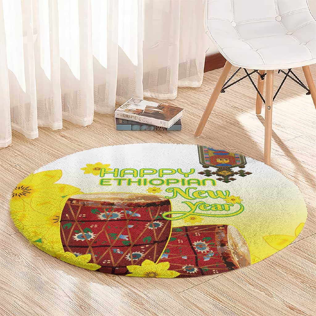 Melkam Enkutatash Ethiopian Round Carpet Kebero Drum With Adey Abeba Flower LT15