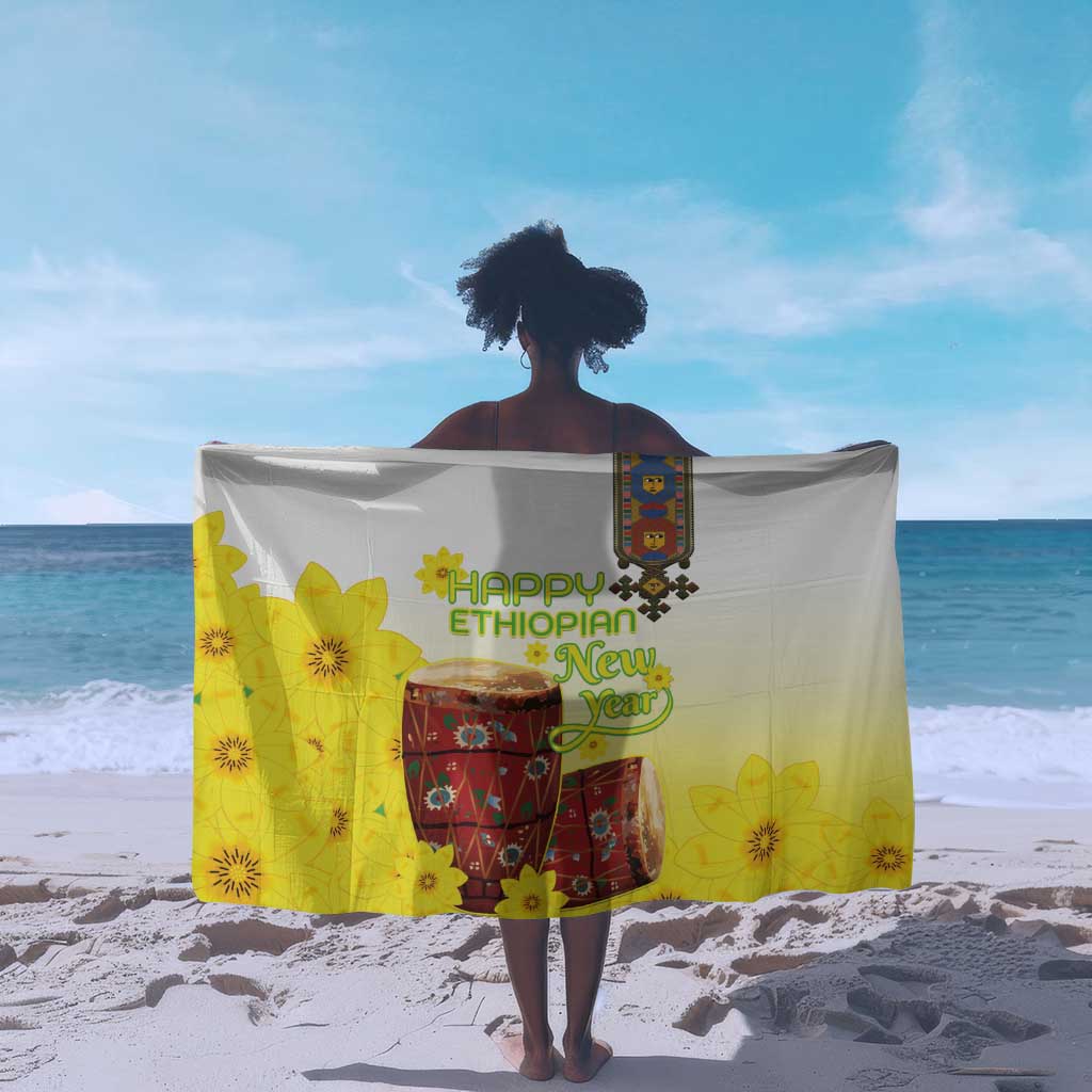 Melkam Enkutatash Ethiopian Sarong Kebero Drum With Adey Abeba Flower LT15