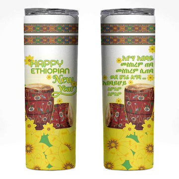 Melkam Enkutatash Ethiopian Skinny Tumbler Kebero Drum With Adey Abeba Flower LT15