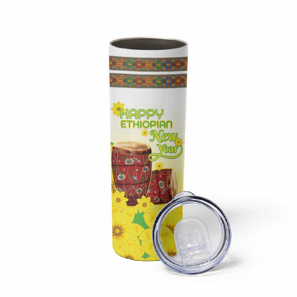 Melkam Enkutatash Ethiopian Skinny Tumbler Kebero Drum With Adey Abeba Flower LT15