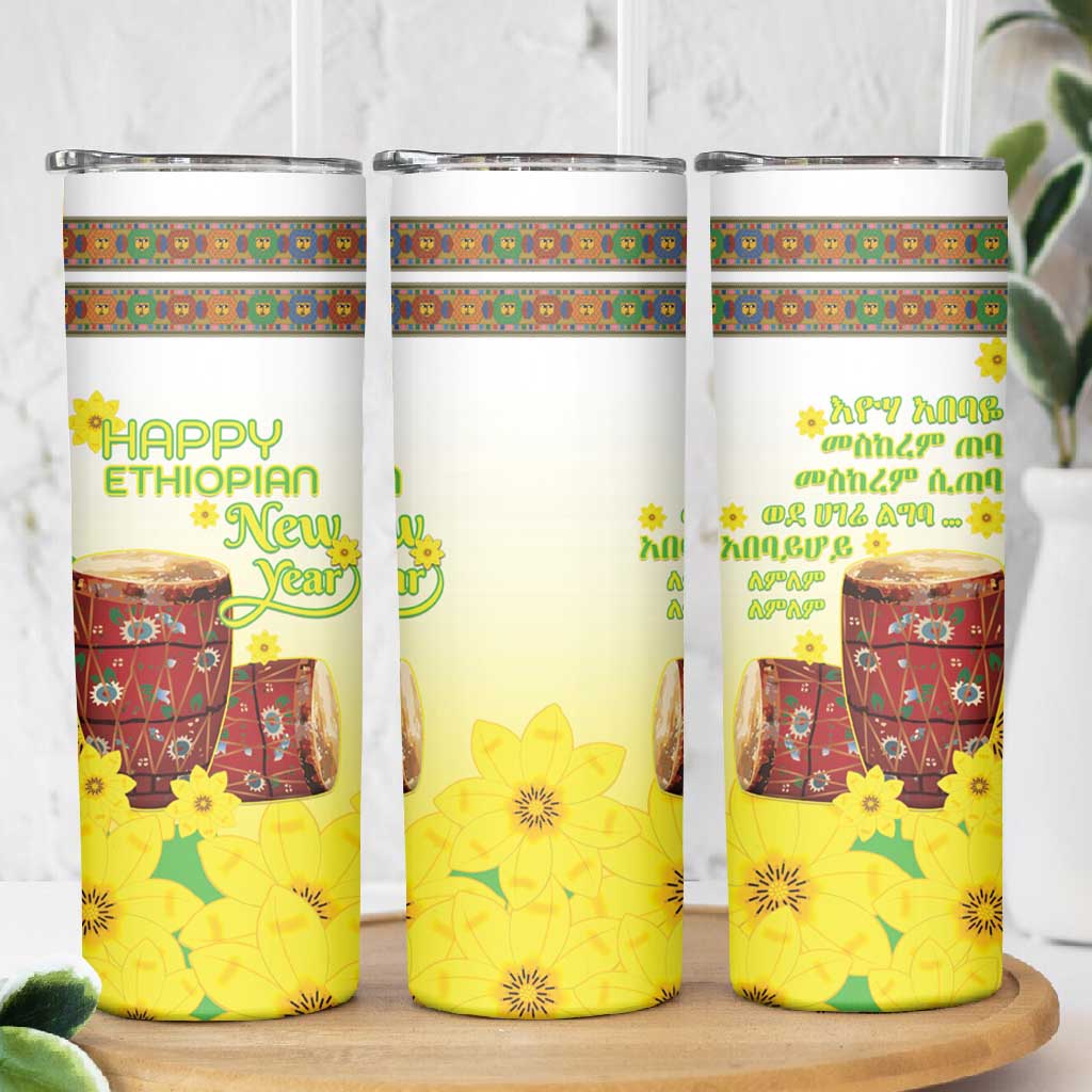 Melkam Enkutatash Ethiopian Skinny Tumbler Kebero Drum With Adey Abeba Flower LT15