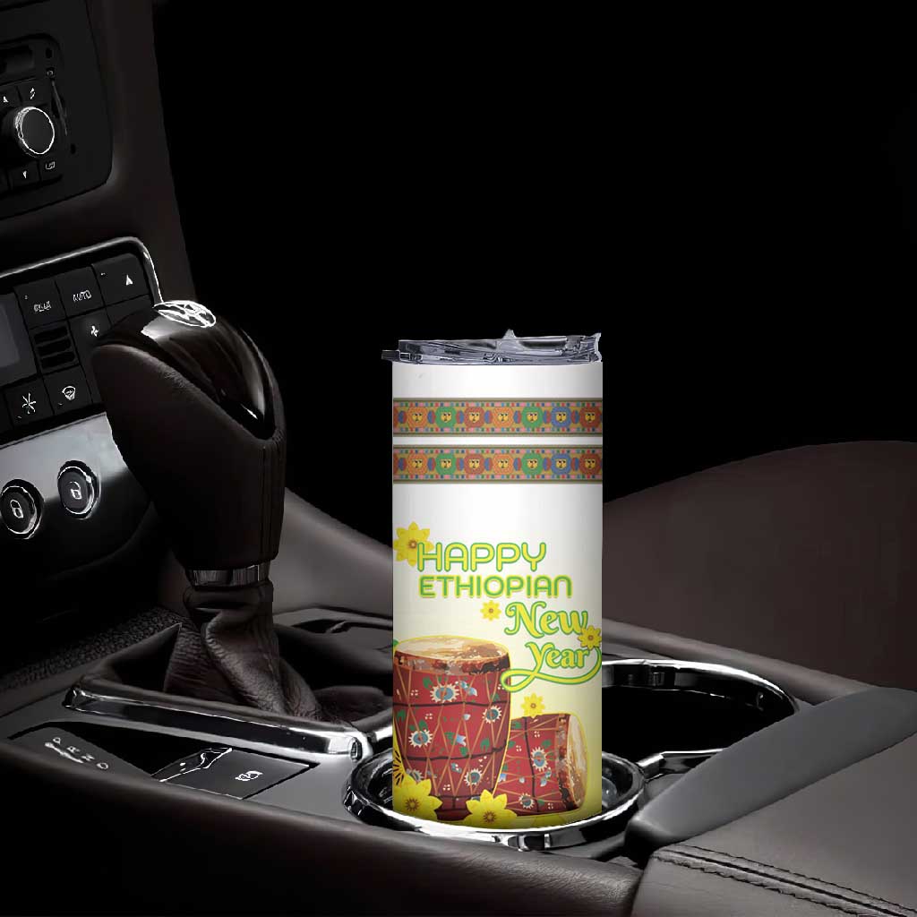 Melkam Enkutatash Ethiopian Skinny Tumbler Kebero Drum With Adey Abeba Flower LT15