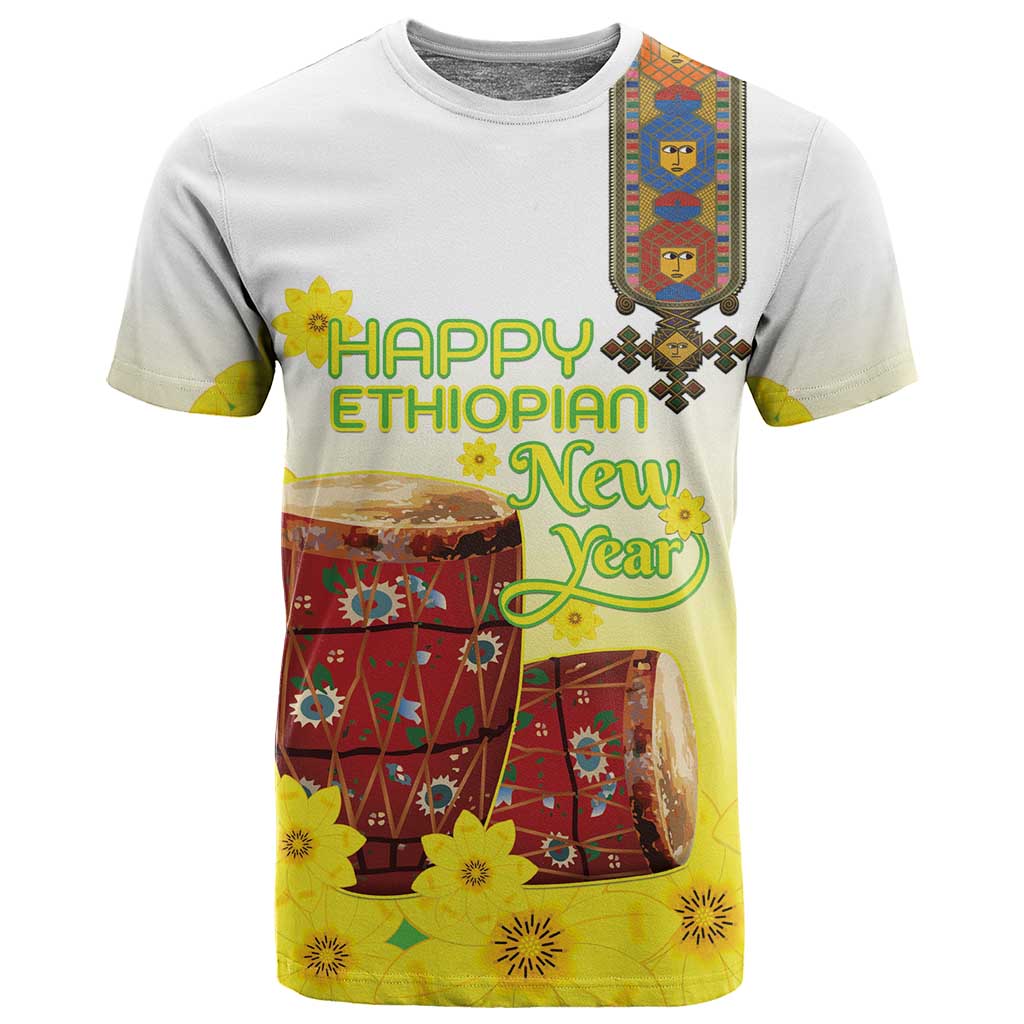 Melkam Enkutatash Ethiopian T shirt Kebero Drum With Adey Abeba Flower LT15