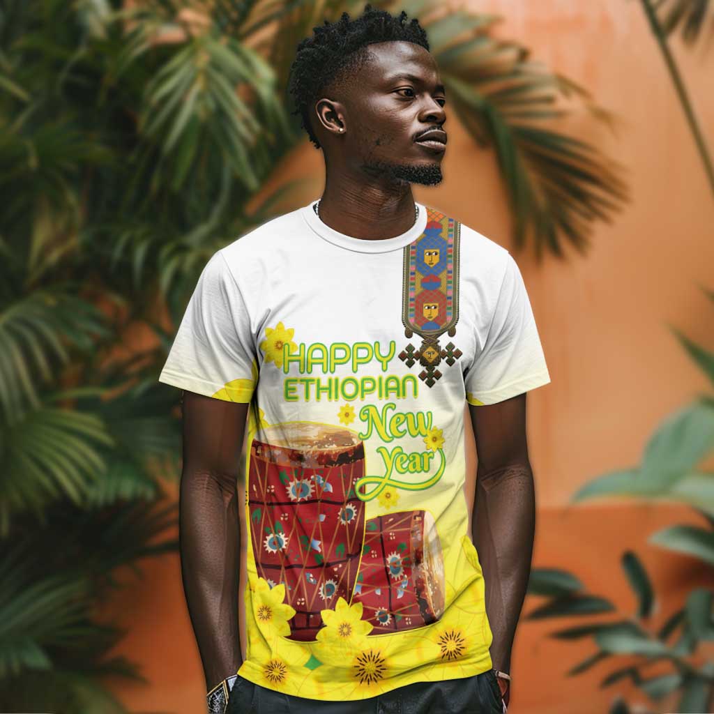 Melkam Enkutatash Ethiopian T shirt Kebero Drum With Adey Abeba Flower LT15