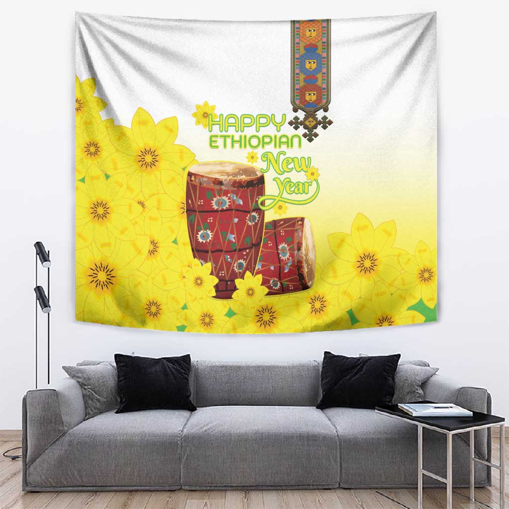 Melkam Enkutatash Ethiopian Tapestry Kebero Drum With Adey Abeba Flower LT15