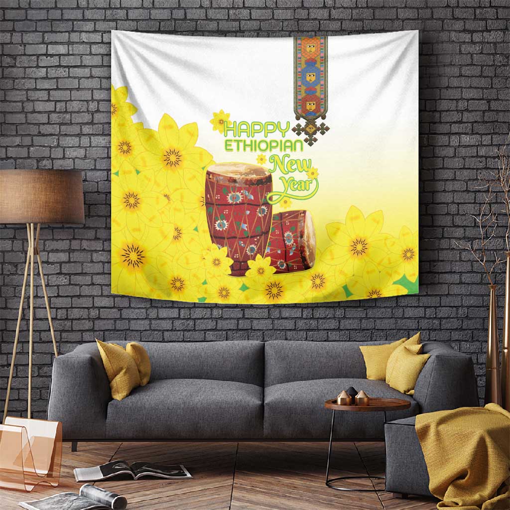 Melkam Enkutatash Ethiopian Tapestry Kebero Drum With Adey Abeba Flower LT15