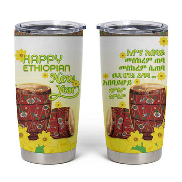 Melkam Enkutatash Ethiopian Tumbler Cup Kebero Drum With Adey Abeba Flower LT15