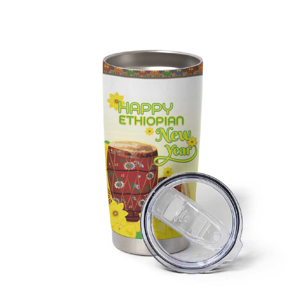 Melkam Enkutatash Ethiopian Tumbler Cup Kebero Drum With Adey Abeba Flower LT15