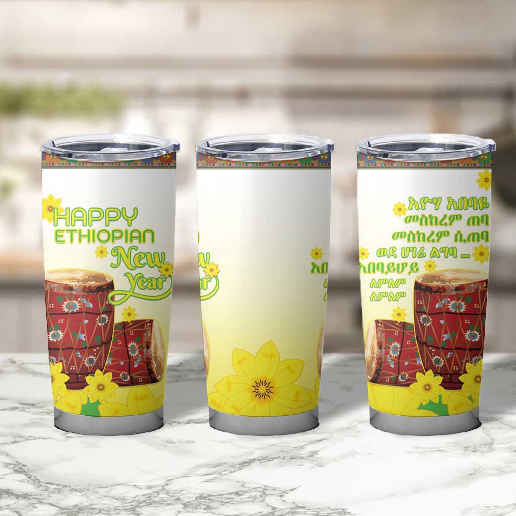 Melkam Enkutatash Ethiopian Tumbler Cup Kebero Drum With Adey Abeba Flower LT15