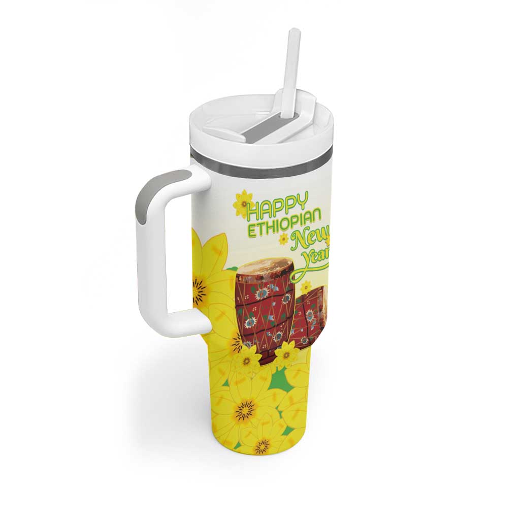 Melkam Enkutatash Ethiopian Tumbler With Handle Kebero Drum With Adey Abeba Flower LT15
