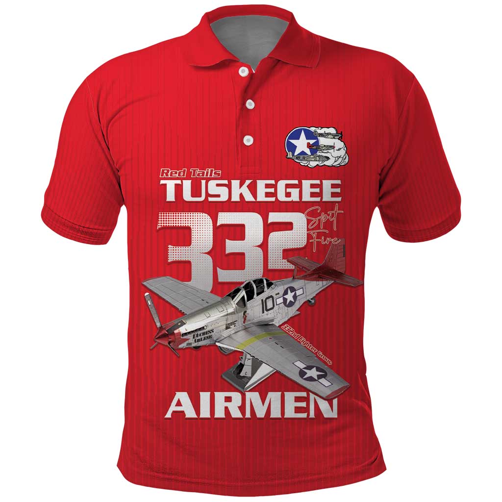 Tuskegee Red Tails Airmen Polo Shirt P-51 Mustang 332nd Fighter Group - Red LT15