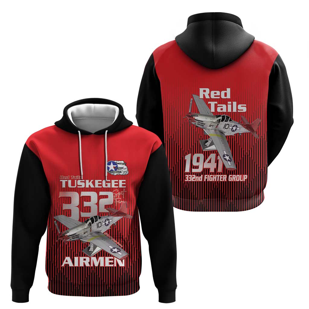 Tuskegee Red Tails Airmen Hoodie P-51 Mustang 332nd Fighter Group - Black Red LT15