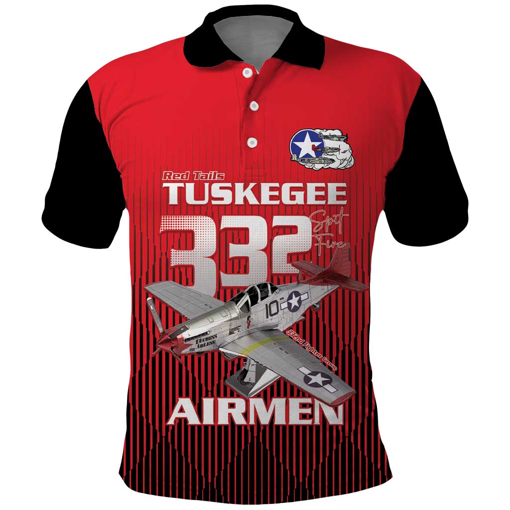 Tuskegee Red Tails Airmen Polo Shirt P-51 Mustang 332nd Fighter Group - Black Red LT15