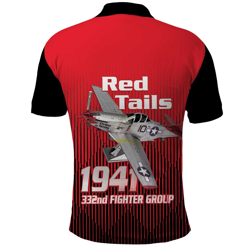 Tuskegee Red Tails Airmen Polo Shirt P-51 Mustang 332nd Fighter Group - Black Red LT15