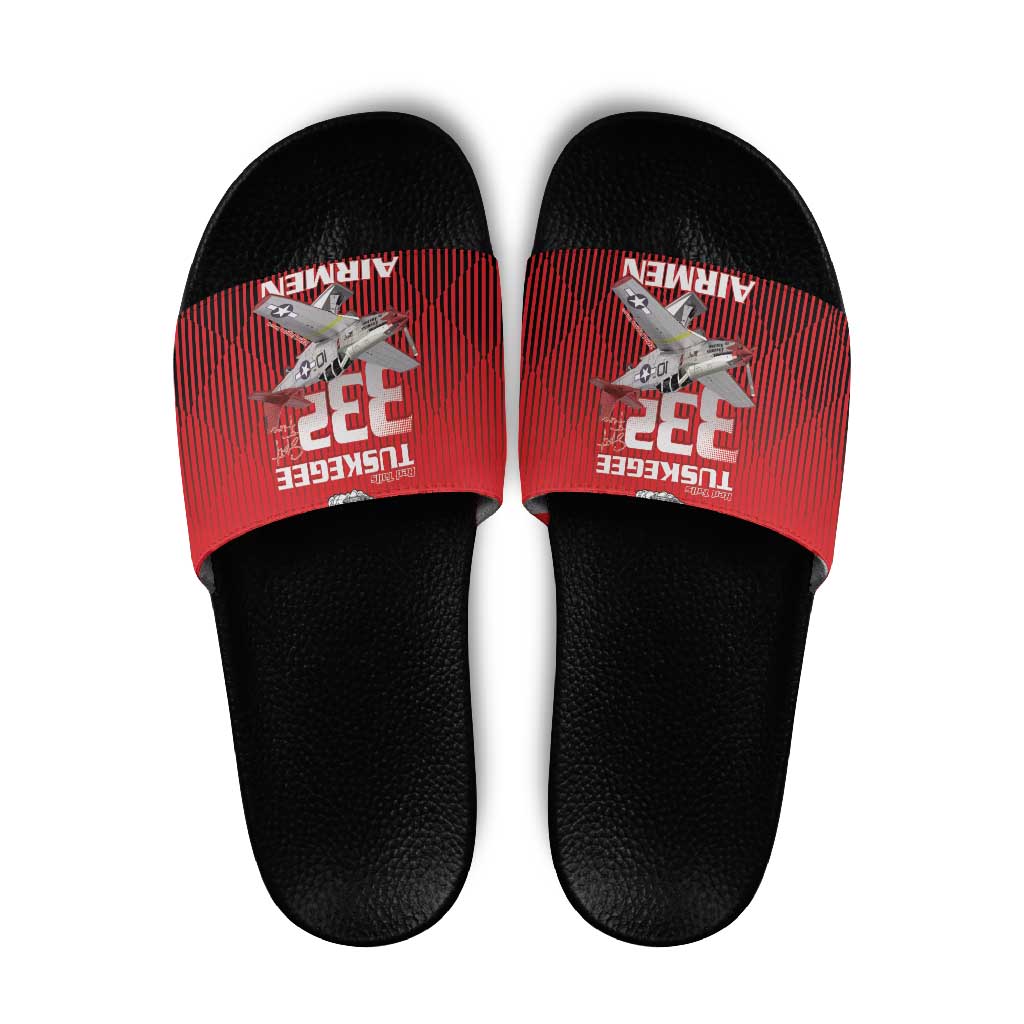 Tuskegee Red Tails Airmen Slide Sandals P-51 Mustang 332nd Fighter Group - Black Red LT15
