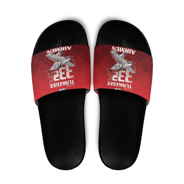 Tuskegee Red Tails Airmen Slide Sandals P-51 Mustang 332nd Fighter Group - Black Red LT15