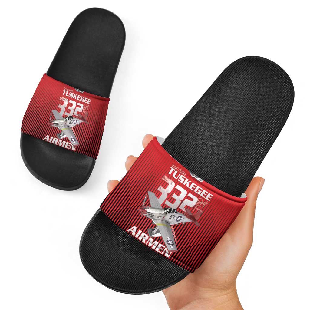 Tuskegee Red Tails Airmen Slide Sandals P-51 Mustang 332nd Fighter Group - Black Red LT15