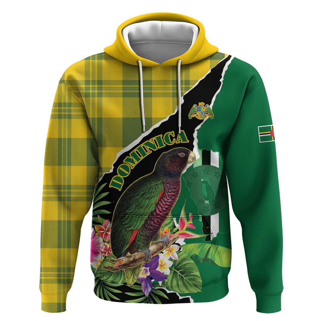 Personalised Dominica Independence Day Hoodie Sisserou Parrot With Tropical Flowers LT15