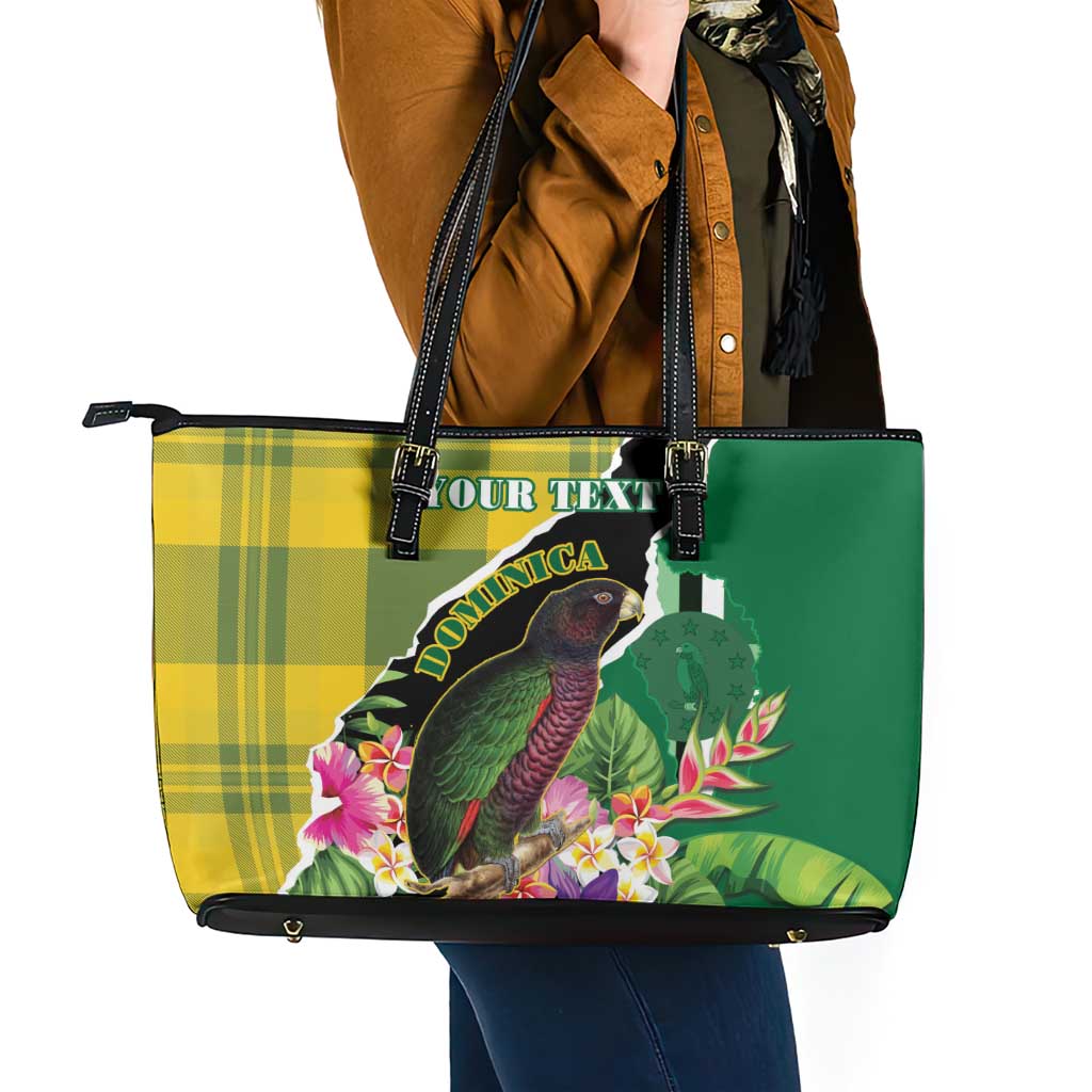 Personalised Dominica Independence Day Leather Tote Bag Sisserou Parrot With Tropical Flowers LT15