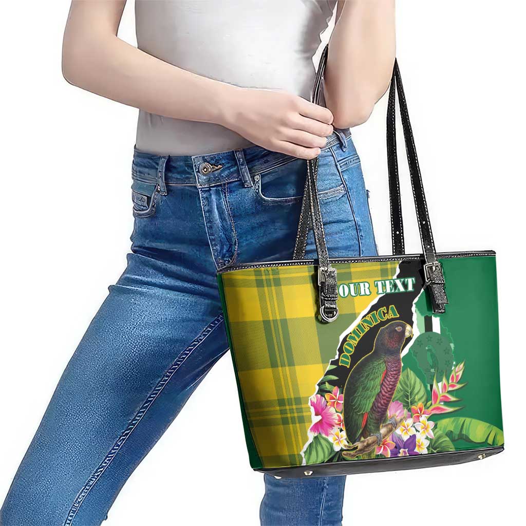 Personalised Dominica Independence Day Leather Tote Bag Sisserou Parrot With Tropical Flowers LT15