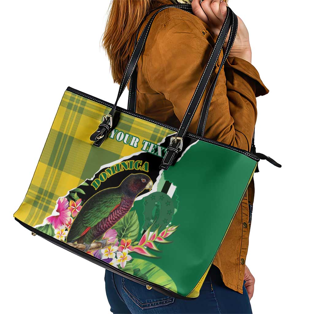 Personalised Dominica Independence Day Leather Tote Bag Sisserou Parrot With Tropical Flowers LT15