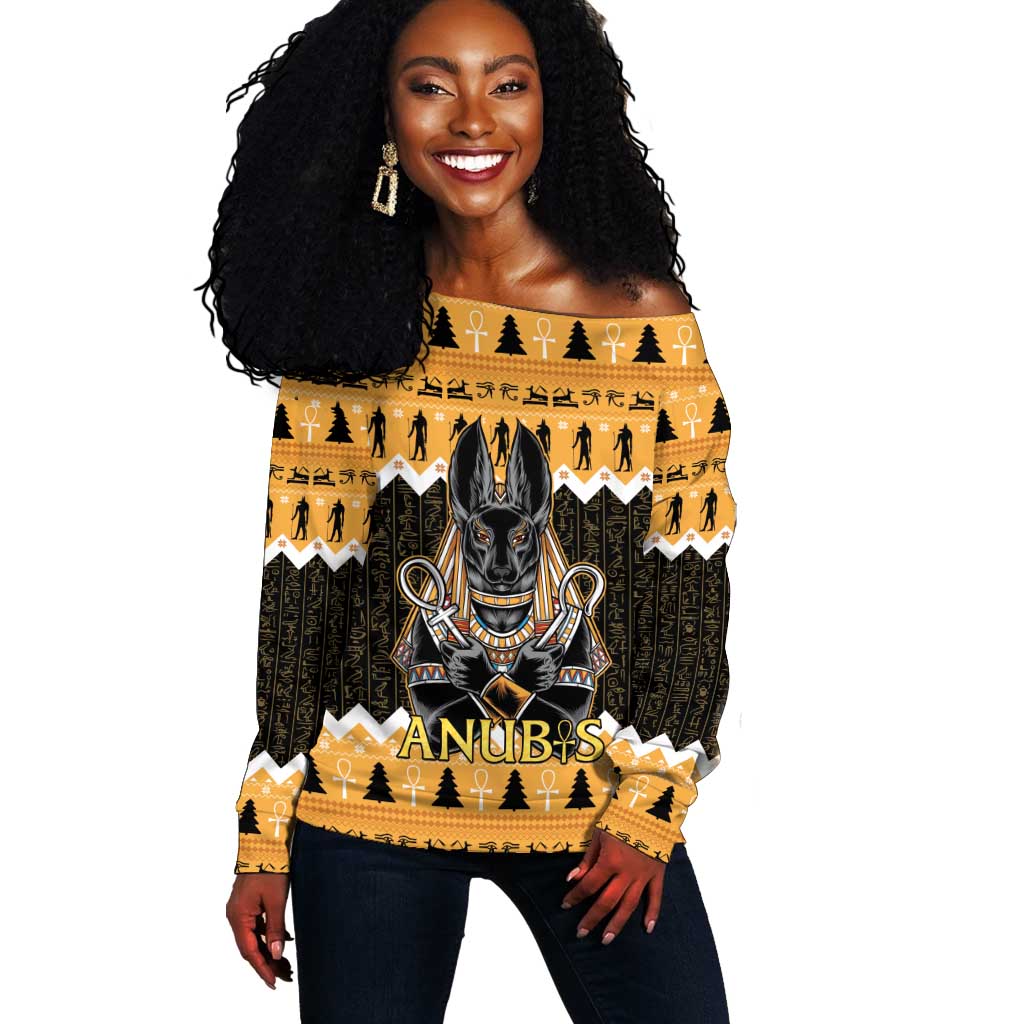 Afro Ancient Egyptian Off Shoulder Sweater Anubis - Merry Christmas LT15