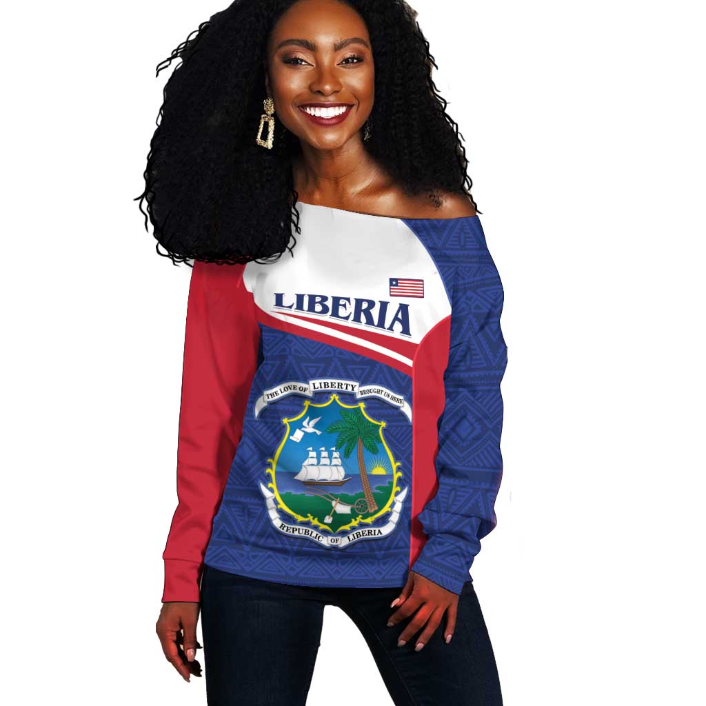 Personalised Liberia African Off Shoulder Sweater Coat Of Arms Flag LT15