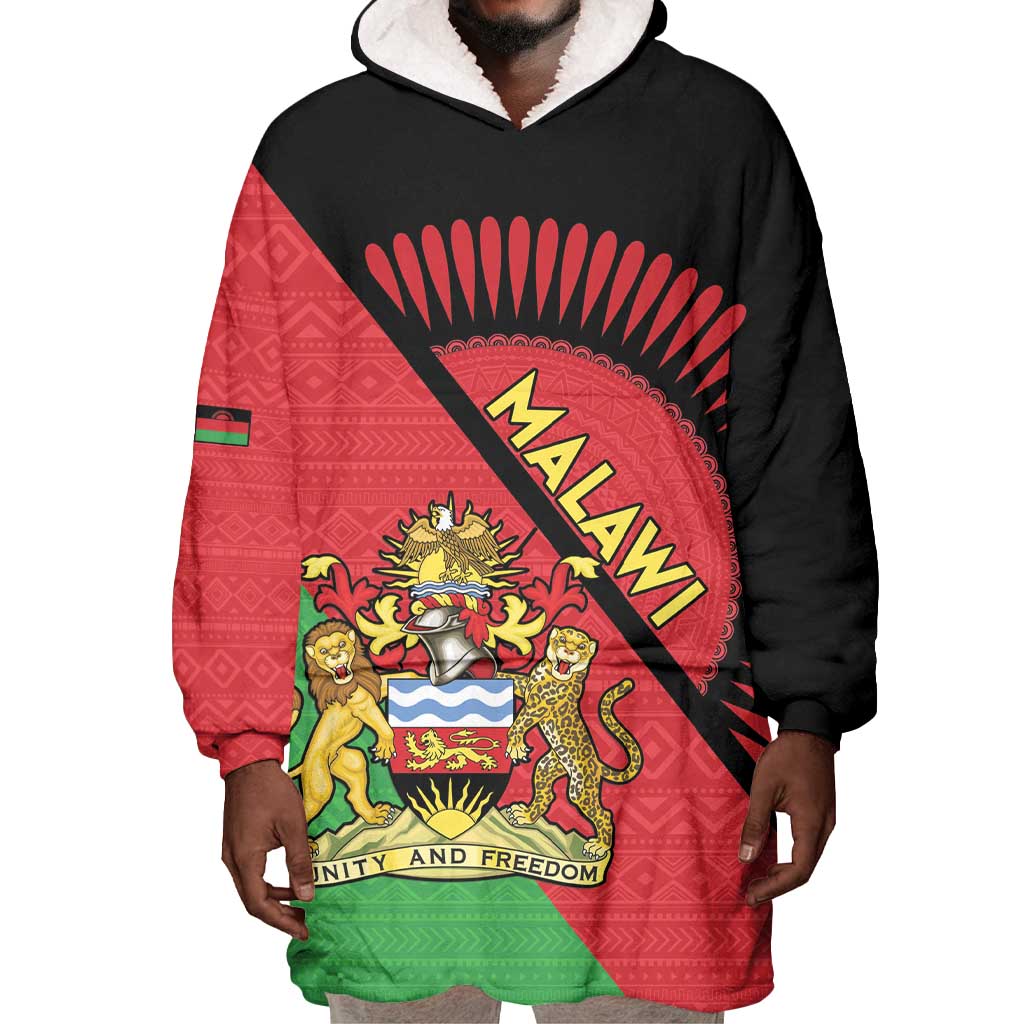 Personalized Afro Malawi Wearable Blanket Hoodie Coat Of Arms - Southeastern Africa Pattern LT15