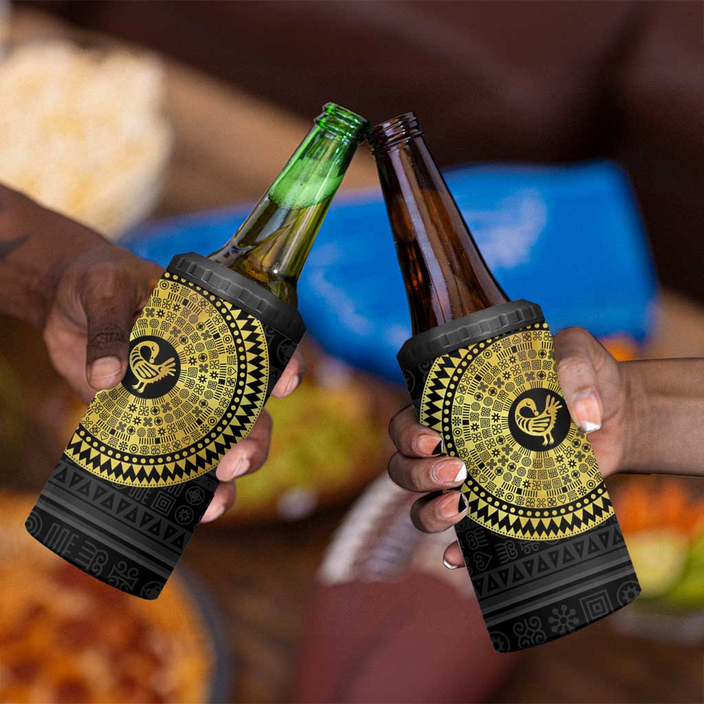 African Adinkra 4 in 1 Can Cooler Tumbler Sankofa Bird - Gold Version - Chest Arm Tattoo LT15