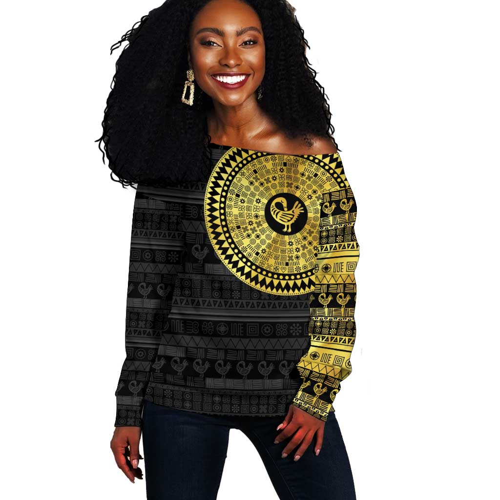 African Adinkra Off Shoulder Sweater Sankofa Bird - Gold Version - Chest Arm Tattoo LT15