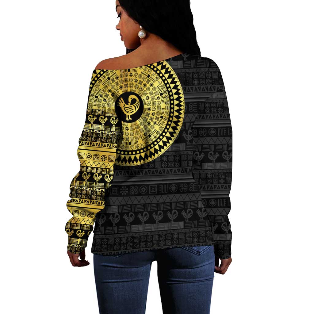 African Adinkra Off Shoulder Sweater Sankofa Bird - Gold Version - Chest Arm Tattoo LT15