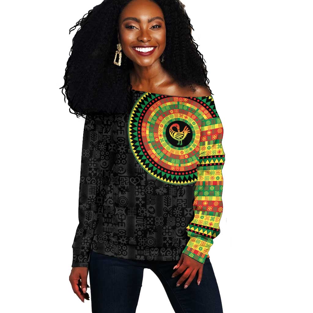 African Sankofa Bird Off Shoulder Sweater Adinkra Symbols - Chest Arm Tattoo LT15