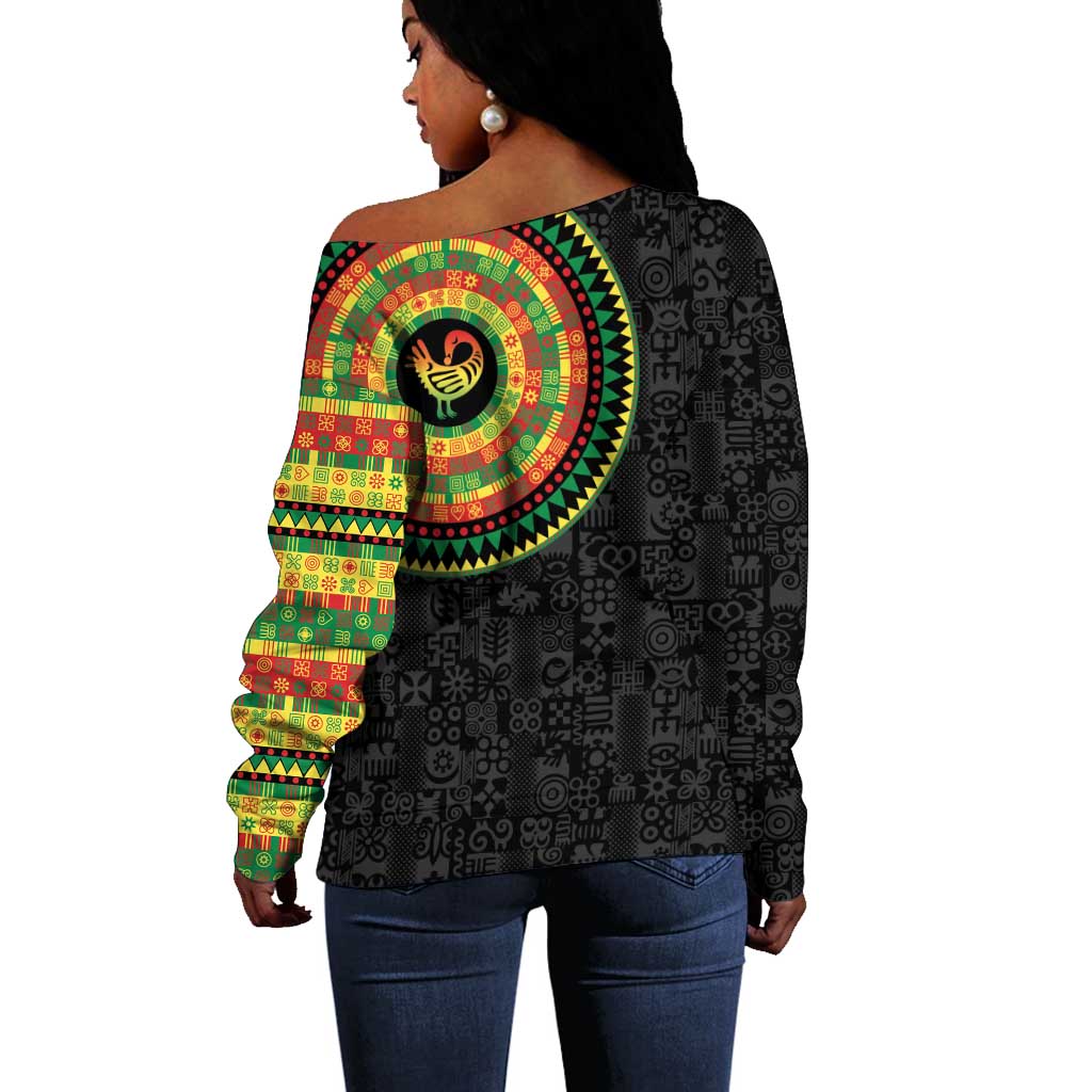African Sankofa Bird Off Shoulder Sweater Adinkra Symbols - Chest Arm Tattoo LT15