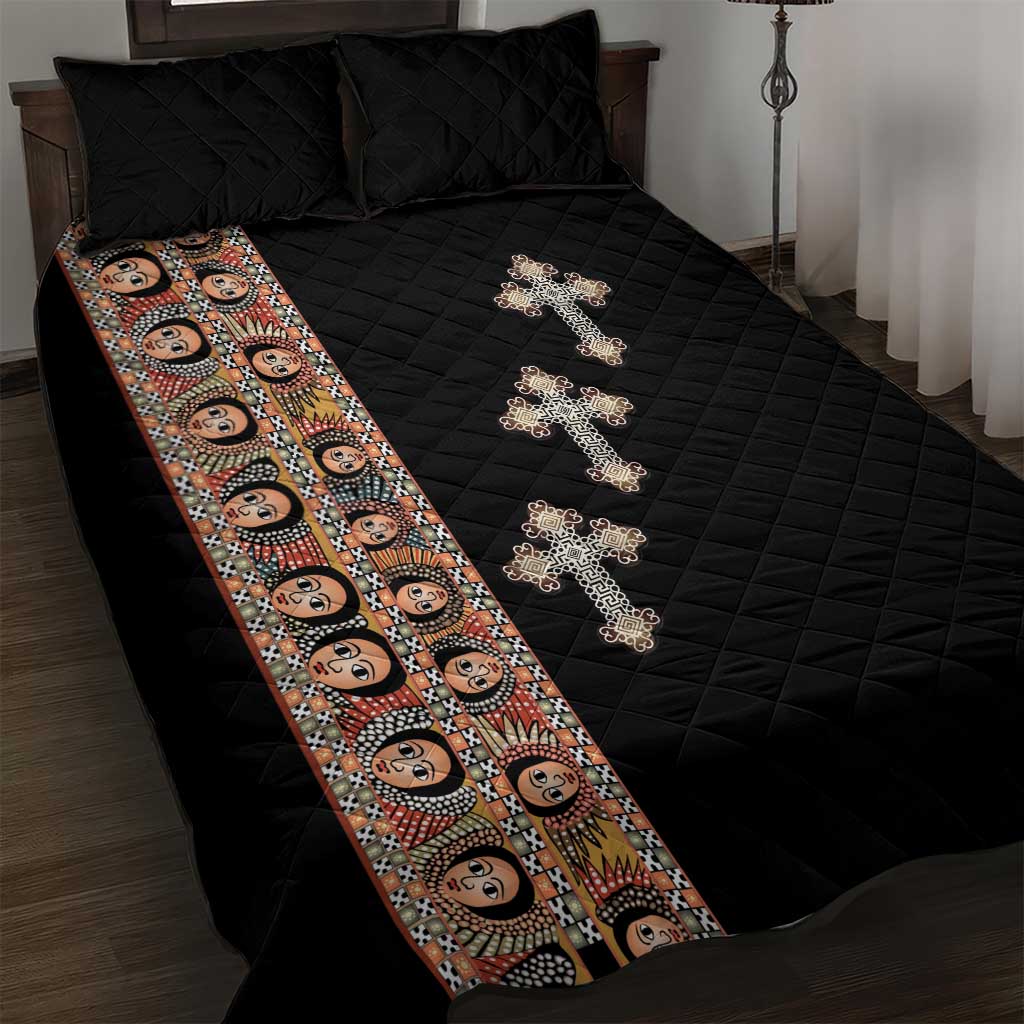 Ethiopia Angels Tilet With Cross Quilt Bed Set Black Color LT15