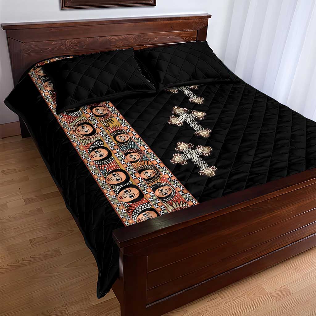 Ethiopia Angels Tilet With Cross Quilt Bed Set Black Color LT15