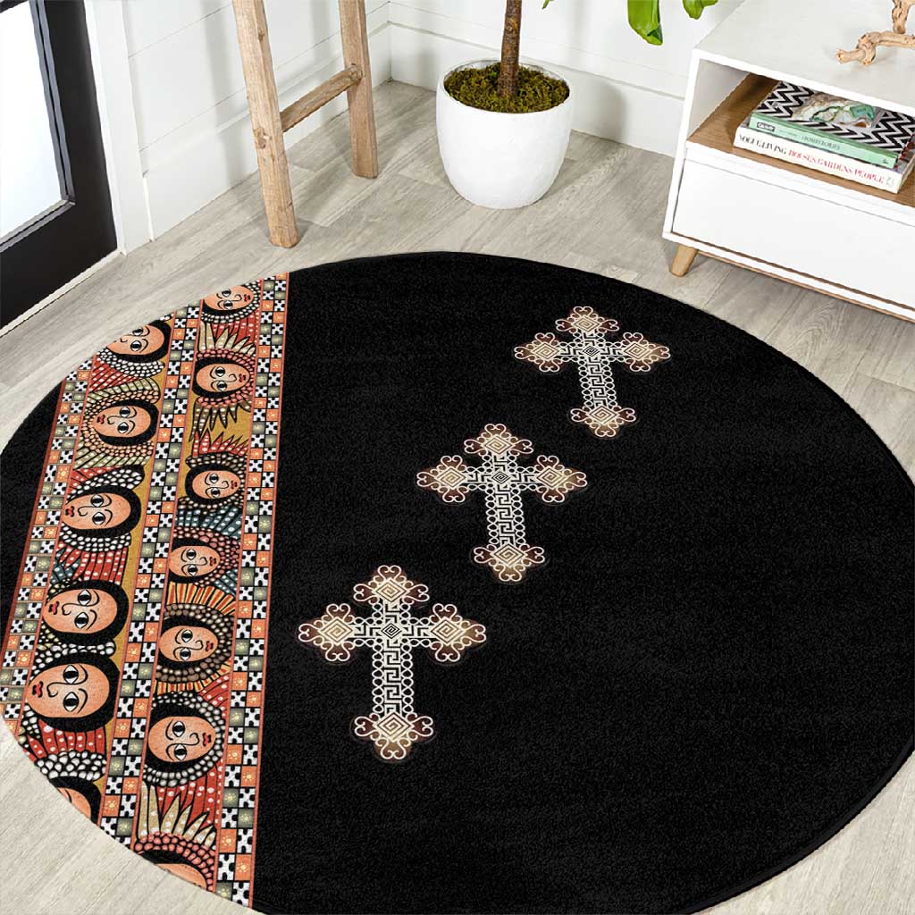 Ethiopia Angels Tilet With Cross Round Carpet Black Color LT15