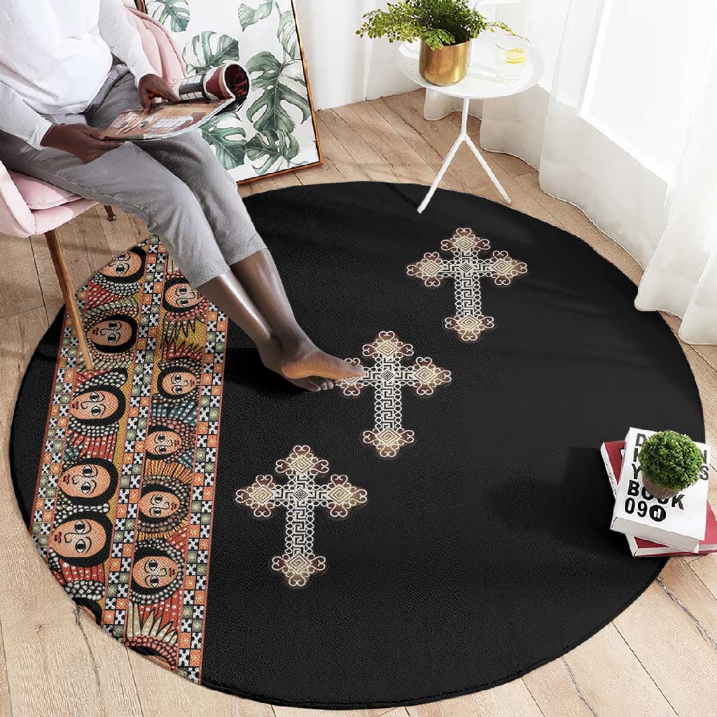 Ethiopia Angels Tilet With Cross Round Carpet Black Color LT15