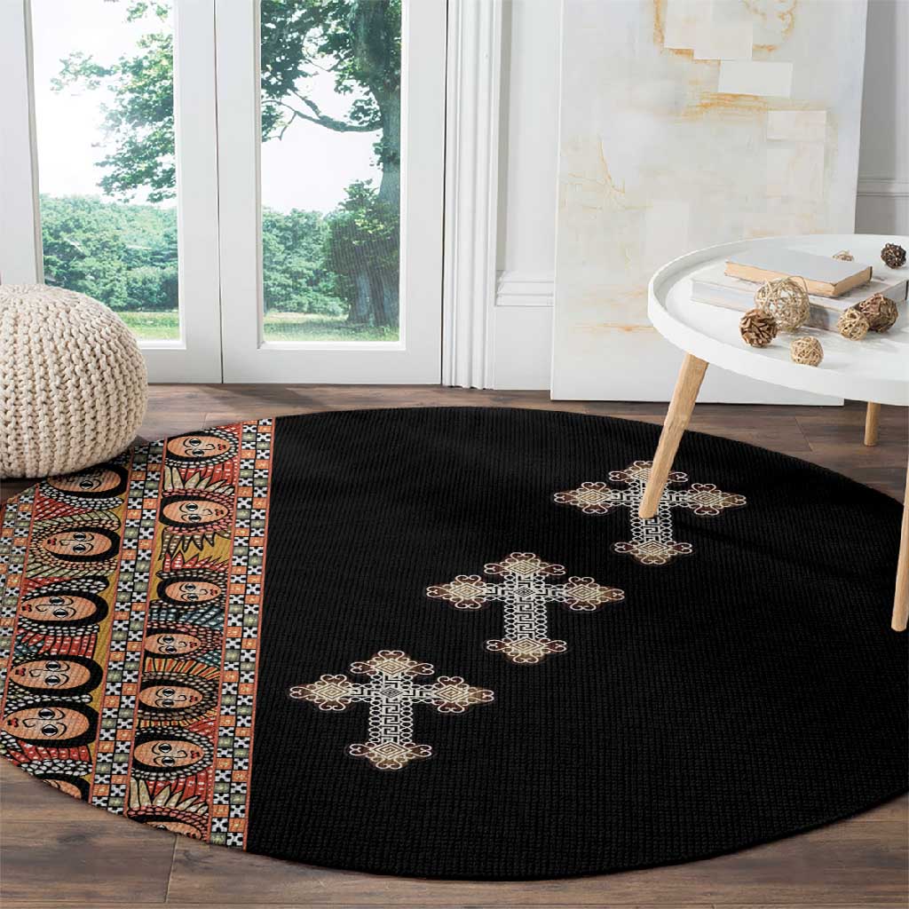Ethiopia Angels Tilet With Cross Round Carpet Black Color LT15