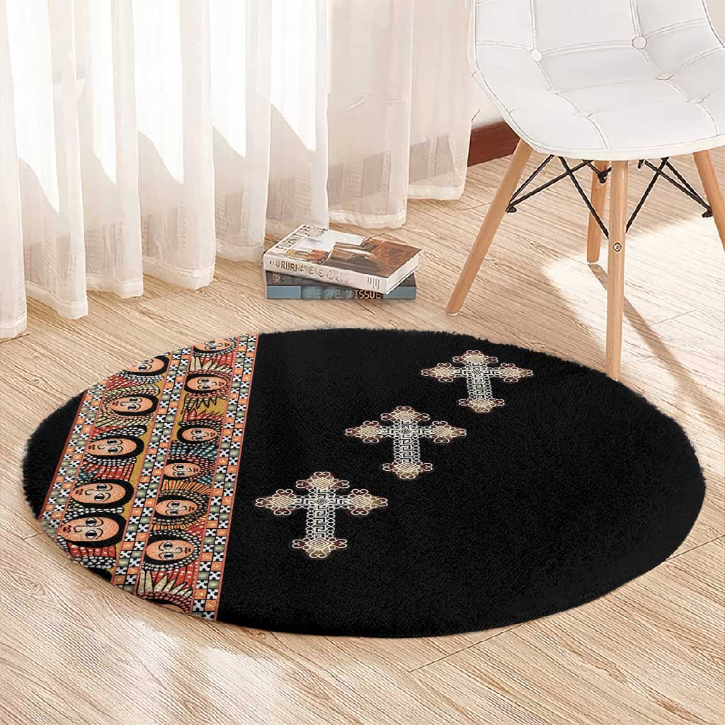 Ethiopia Angels Tilet With Cross Round Carpet Black Color LT15