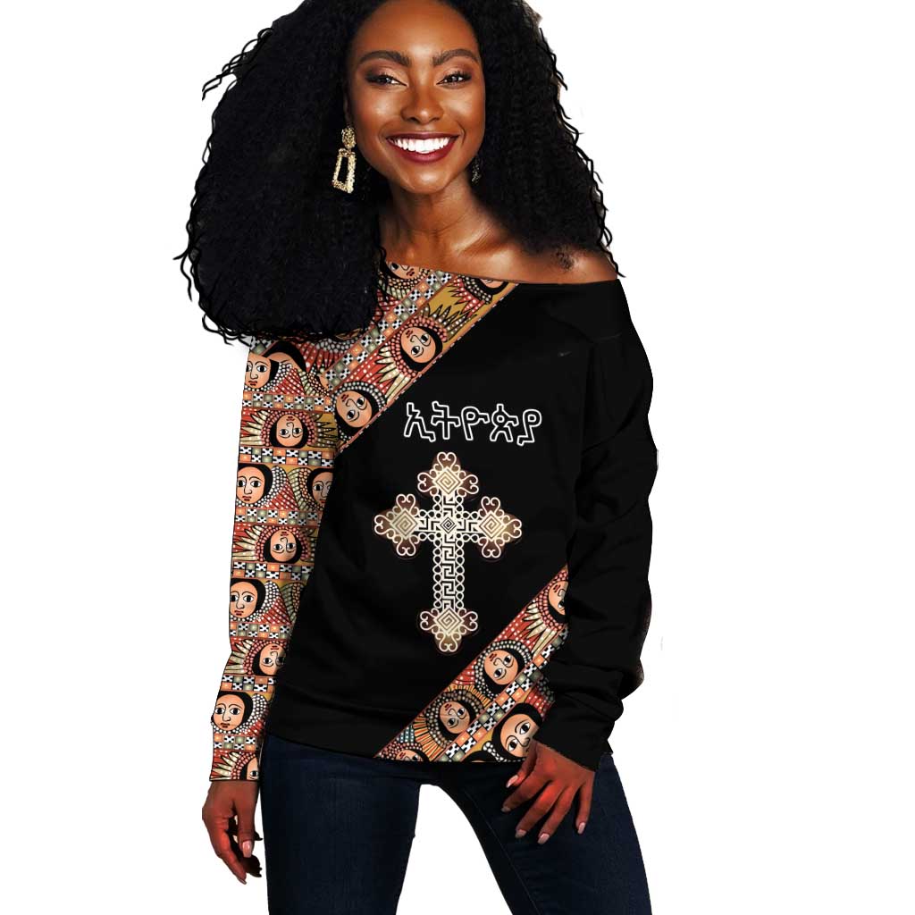 Personalized Ethiopia Off Shoulder Sweater Ethiopian Orthodox Church Angel Black Color LT15