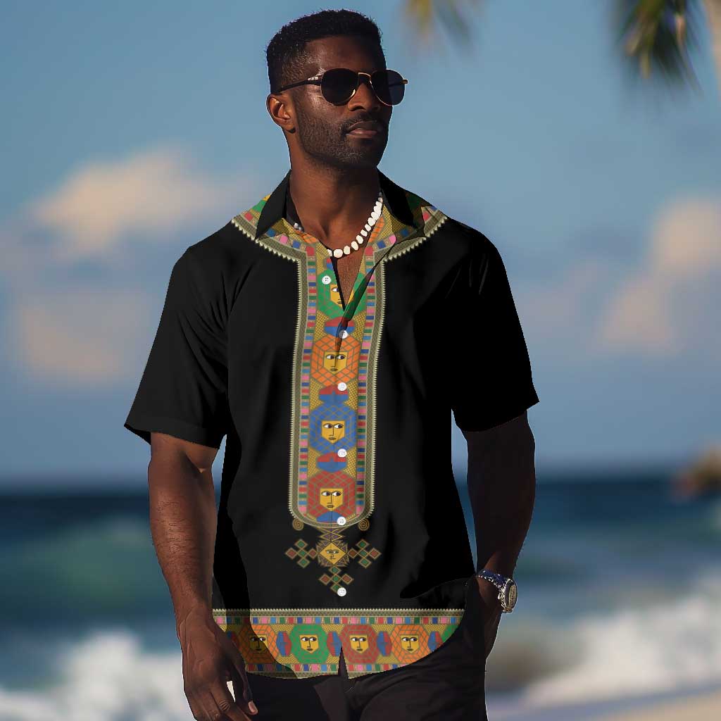 Ethiopia Saba Kemis Habesha Style Hawaiian Shirt Black Color LT15
