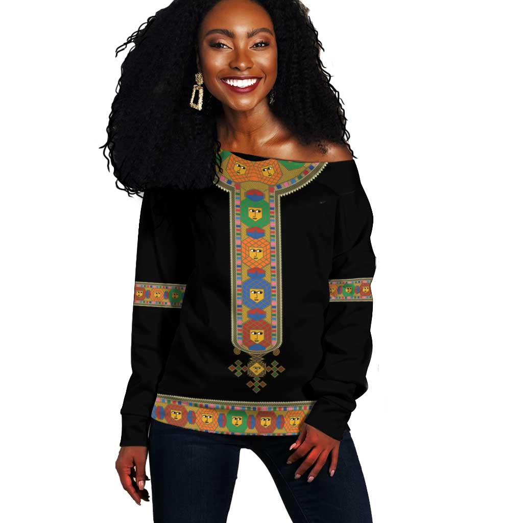 Ethiopia Saba Kemis Habesha Style Off Shoulder Sweater Black Color LT15