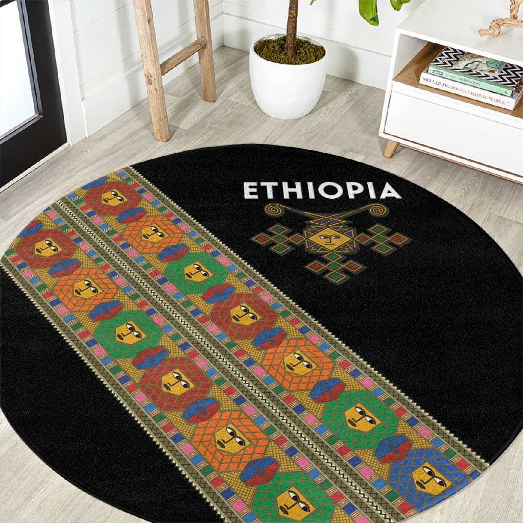 Ethiopia Saba Kemis Sash Style Round Carpet Black Color LT15