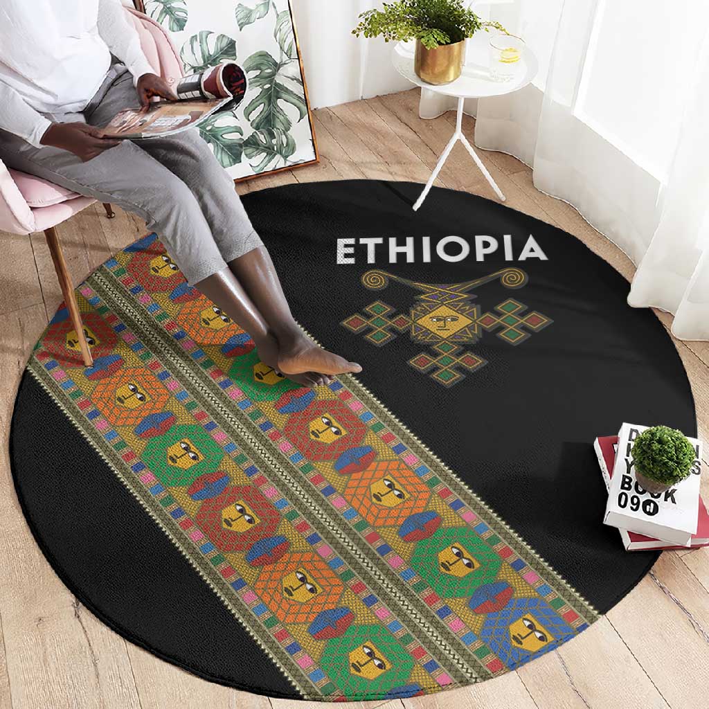 Ethiopia Saba Kemis Sash Style Round Carpet Black Color LT15