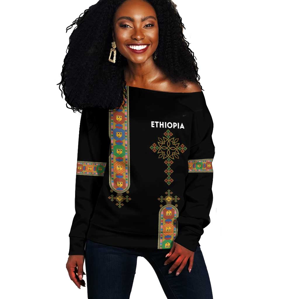 Ethiopia Saba Kemis Off Shoulder Sweater Lion Of Judah Black Color LT15